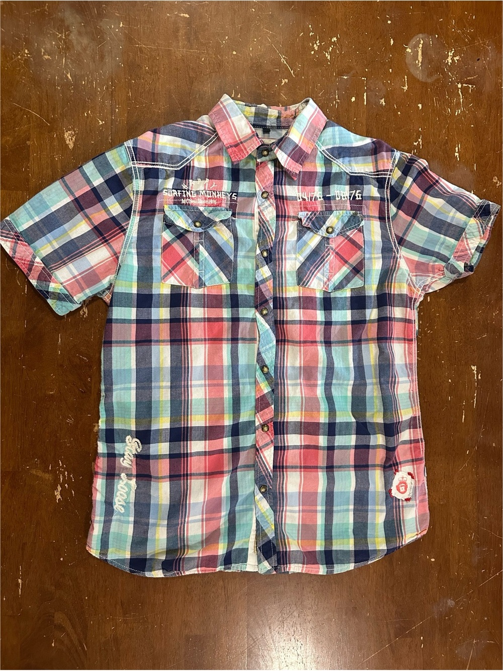 McNeal Cotton Surfing Monkeys Patchwork Plaid Button Down Shirt Size Medium